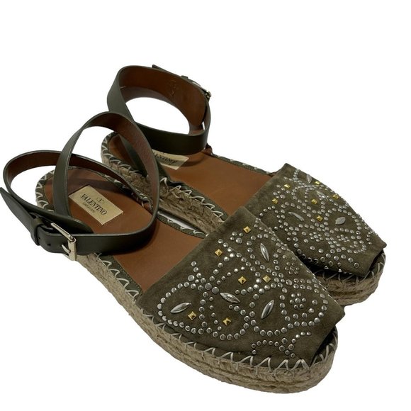 Valentino Green Suede Studded Ankle Strap Platform Espadrilles Sandals size 37 7